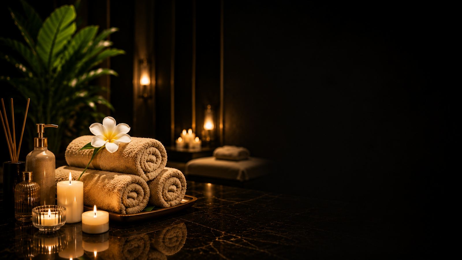 Luxury spa treatment room with massage bed, rolled towels, premium skincare products, candles, and a relaxing wellness atmosphere.