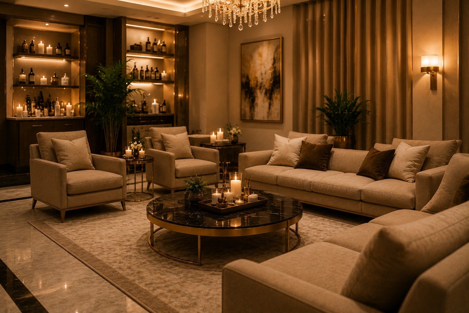 Luxury beauty salon waiting area with elegant sofas, premium skincare product displays, warm lighting, and a relaxing spa-inspired interior.