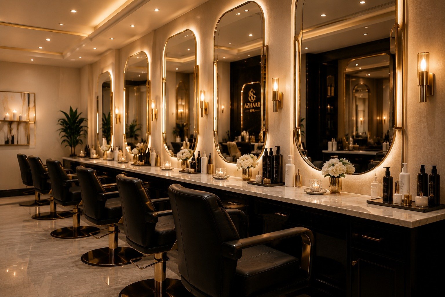Luxury beauty salon styling stations with illuminated mirrors, premium hair care products, elegant salon chairs, and modern interior design.