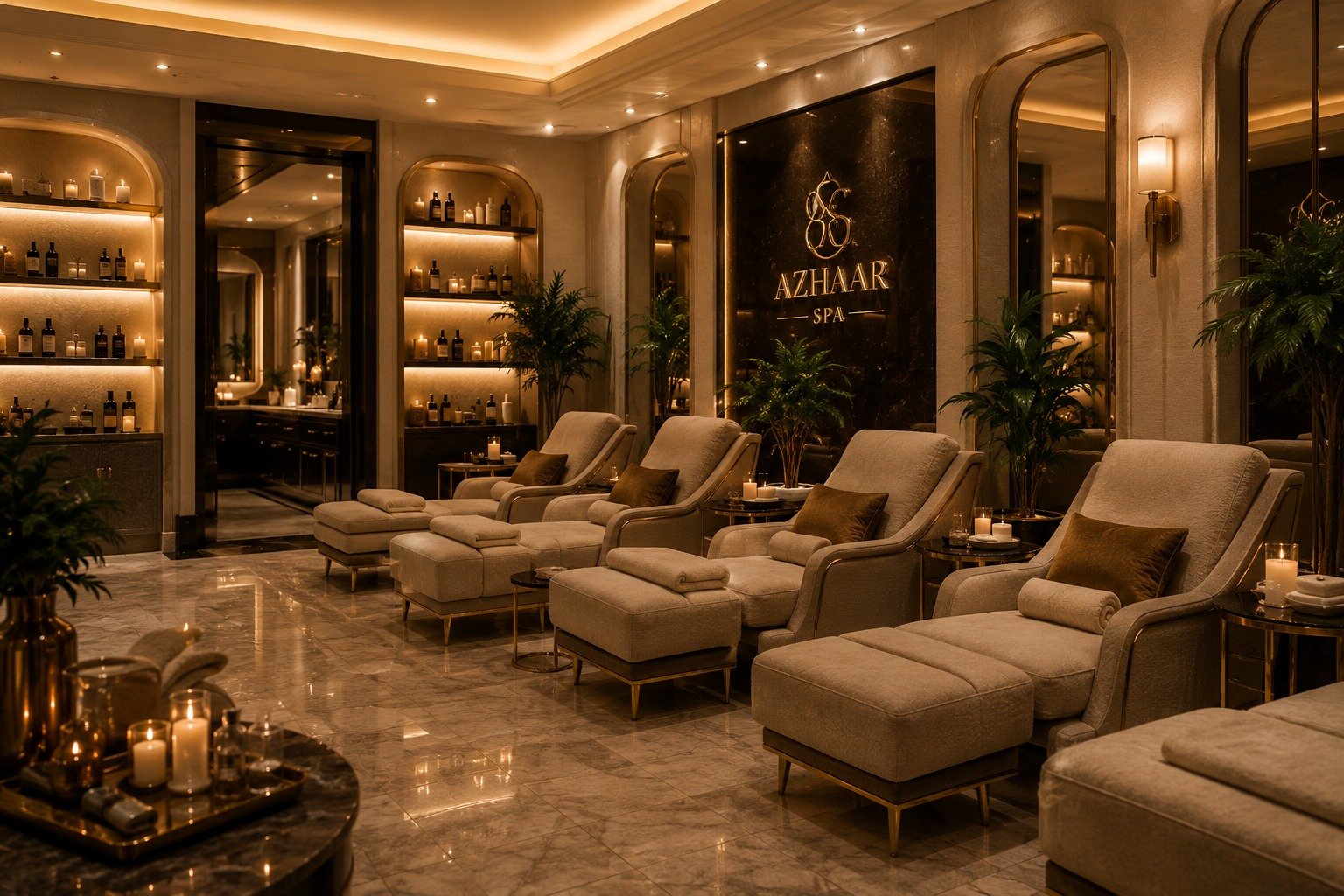 Luxury spa relaxation lounge with reclining treatment chairs, premium skincare products, elegant lighting, and a modern wellness interior at Azhaar Spa.