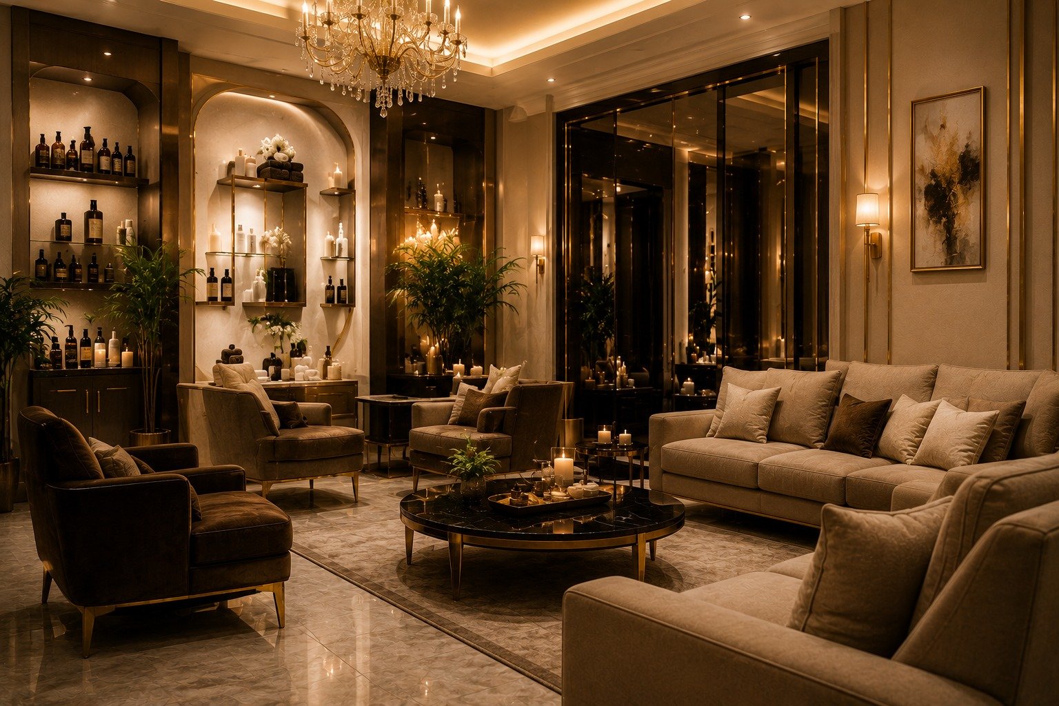 Luxury beauty salon and spa interior with elegant seating, premium skincare product displays, warm lighting, and a relaxing ambiance.